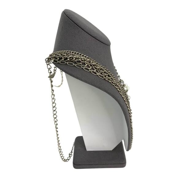 Premier Designs Silver Tone Layered Beaded Faux Pearl Rhinestone Necklace - Picture 3 of 5